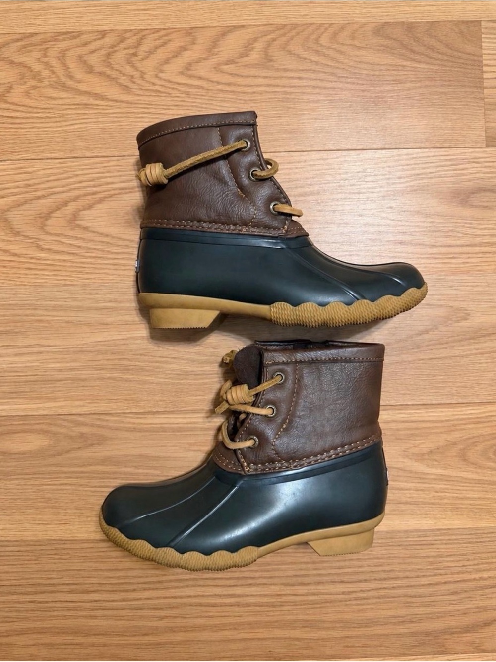 Sperry Kids Brown and Black Waterproof Duck Boots with Tan Soles